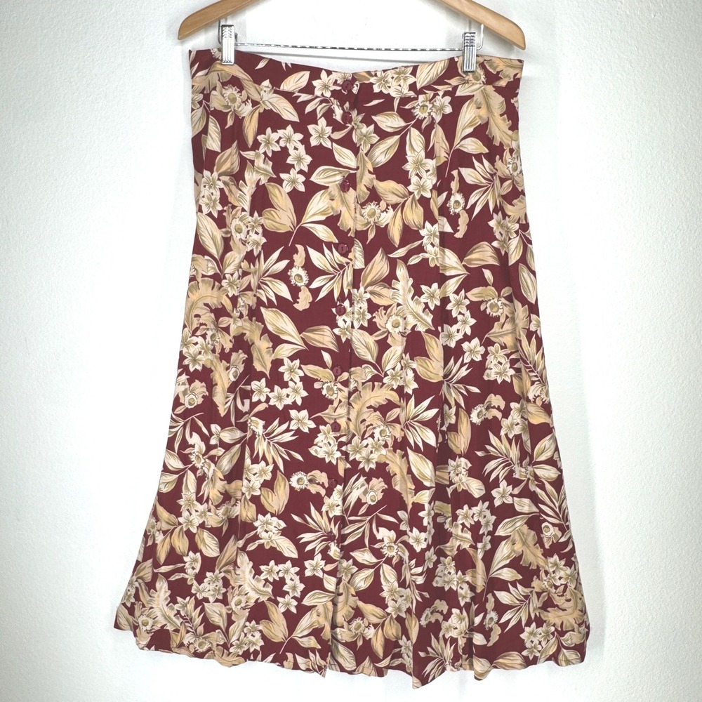 Vintage Burgundy Floral Button Front‎ Rayon Midi Skirt XL Flowy Boho Cottagecore